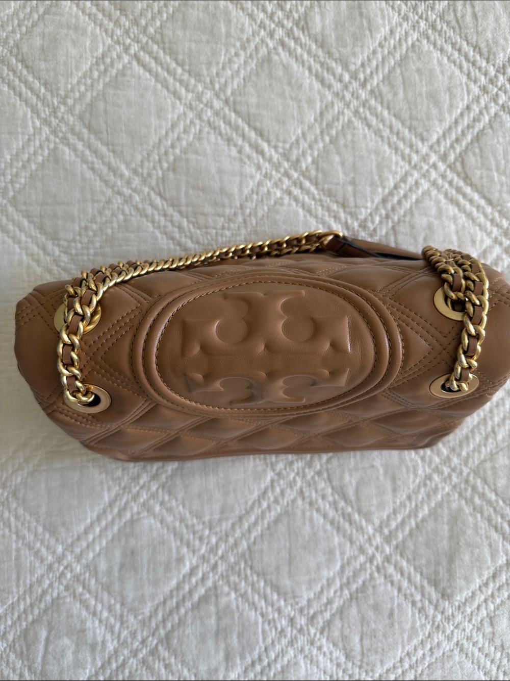 Tory Burch Fleming Soft Leather Convertible Shoulder Bag Warm Tan Gold Chain - Picture 13 of 17
